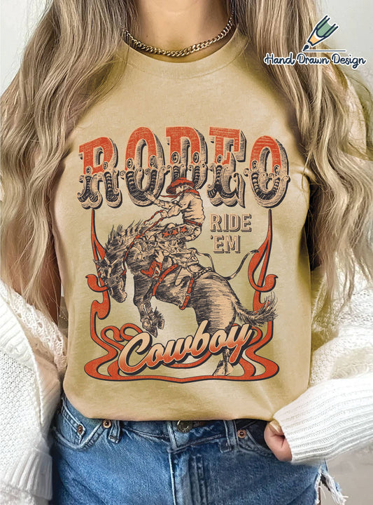 Cowboy graphic shirt featuring a rodeo design and bold colors for casual wear