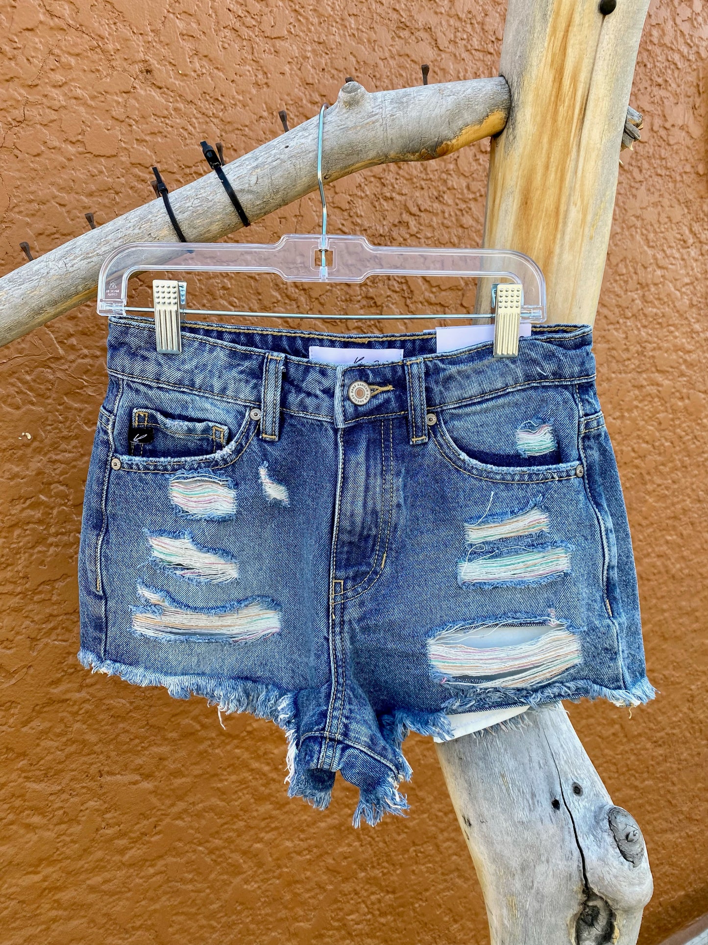 Medium Wash Colorful Distressed Frayed Shorts