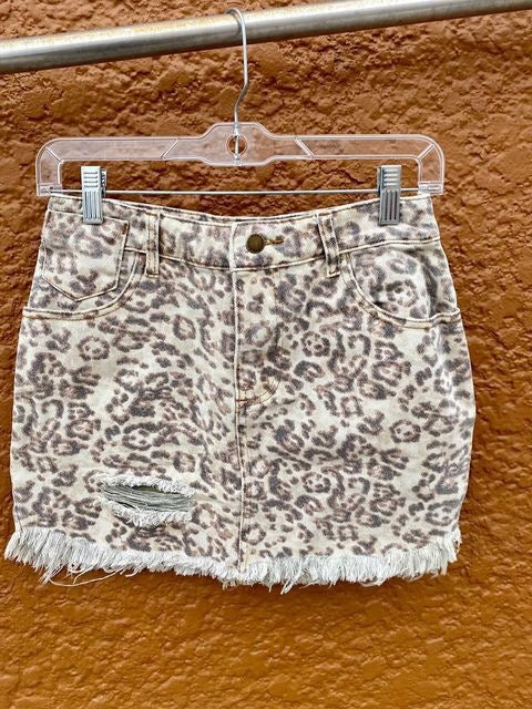 Leopard Distressed Mini Denim Skirt