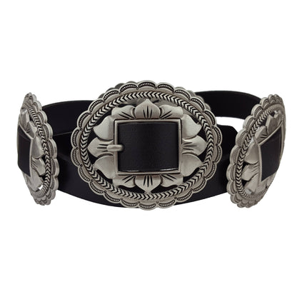 The Lainey High Rise Super Flare belt with intricate silver buckle design for stylish outfits